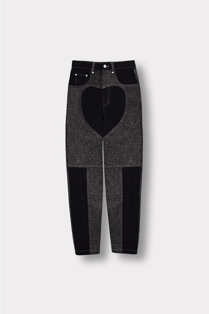 Jmojo heart panel tapered fit women jeans black and acid wash front view flat lay