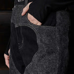 Close up of silver branded button hardware and heart cut out panel detail on Jmojo black wash jeans