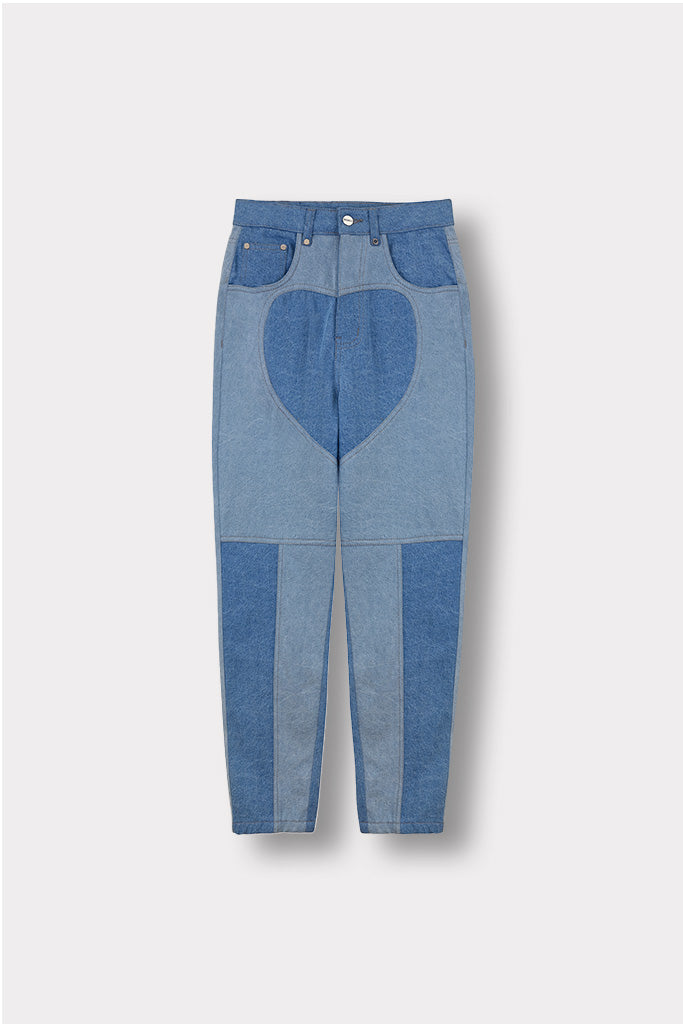 Jmojo heart panel tapered fit women jeans blue wash front view flat lay