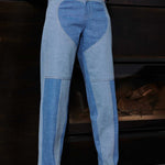 Side and front view of Jmojo two tone blue wash tapered jeans on model