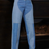 Side and front view of Jmojo two tone blue wash tapered jeans on model