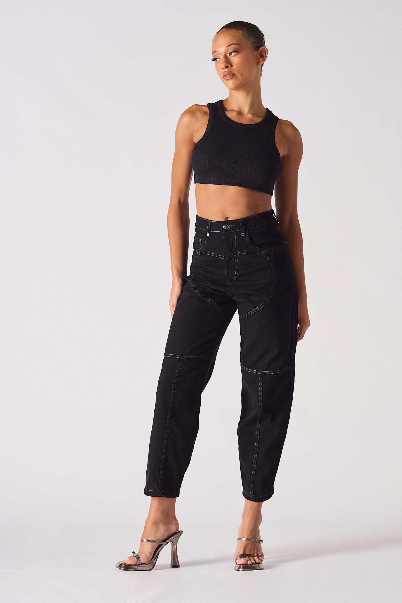 Jmojo heart stitch straight leg jeans model angled front