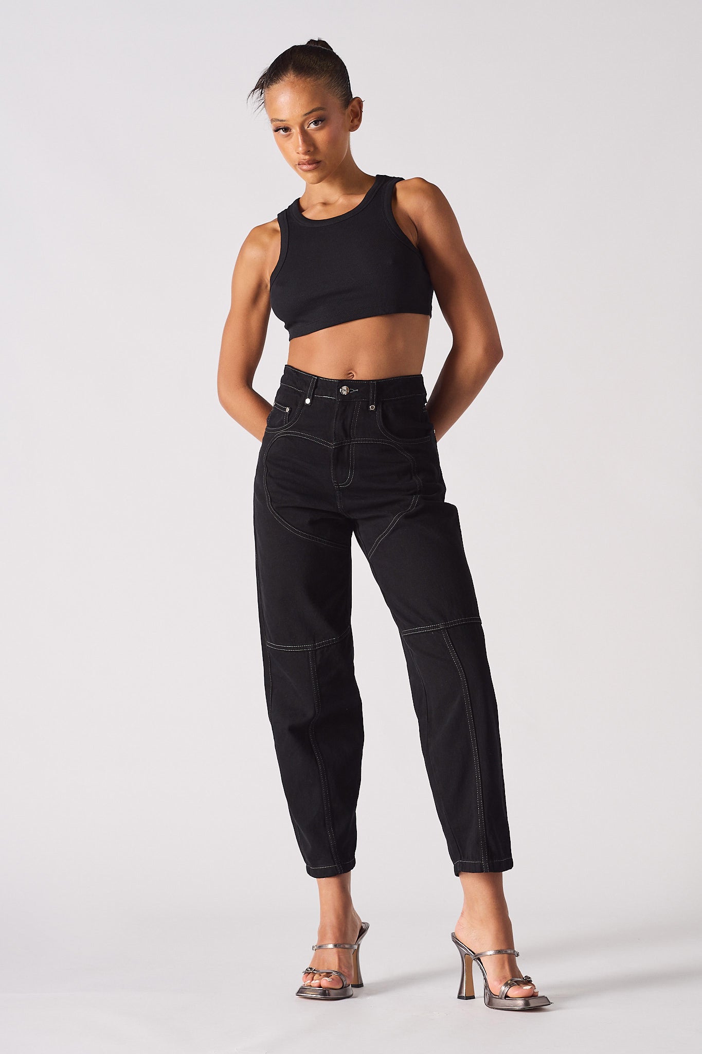 Jmojo heart stitch straight leg jeans model side profile