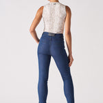 Jmojo high waisted biker skinny jeans dark blue back view on model