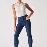 Jmojo high waisted biker skinny jeans dark blue front full body model