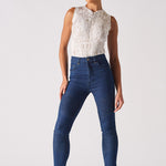 Jmojo high waisted biker skinny jeans dark blue full length model view