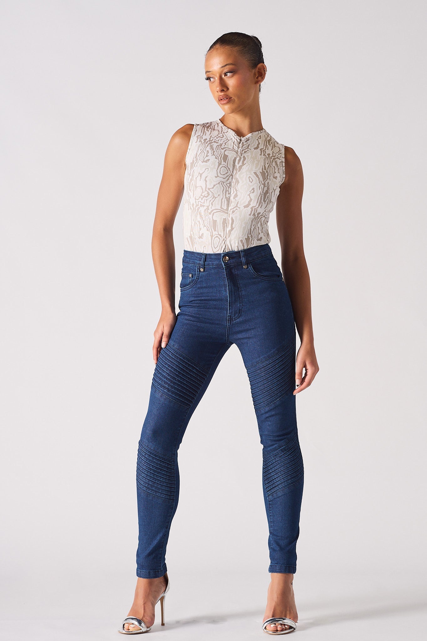 Jmojo high waisted biker skinny jeans dark blue full length model view