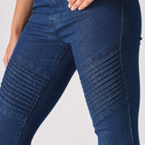 Jmojo high waisted biker skinny jeans dark blue moto stitch leg detail close up