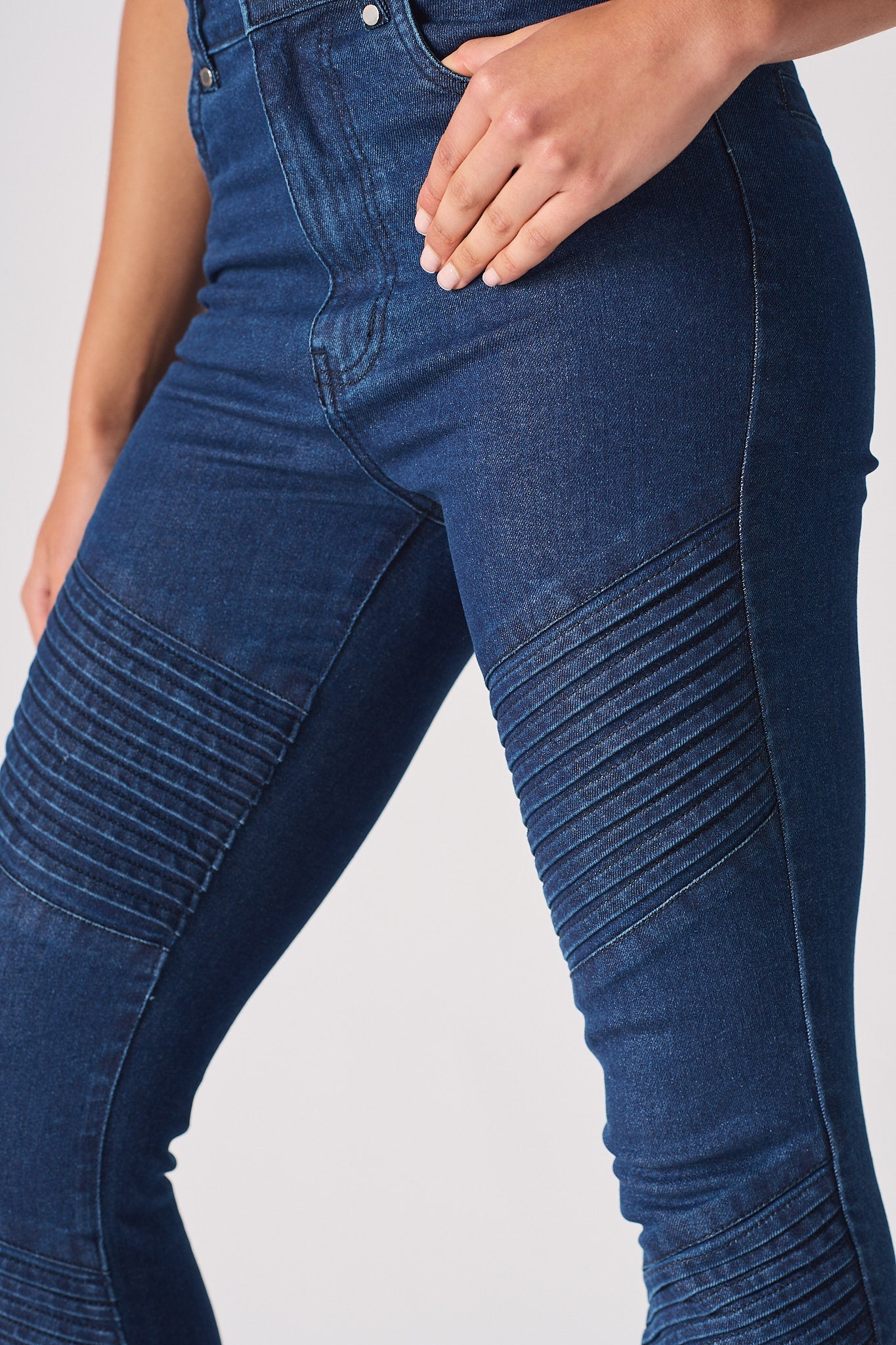 Jmojo high waisted biker skinny jeans dark blue moto stitch leg detail close up