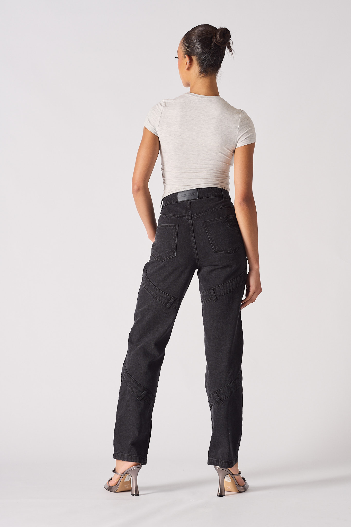 Jmojo high waisted black straight leg jeans back full length view