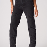Jmojo high waisted black straight leg jeans front close up leg panel detailing