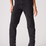 Jmojo high waisted black straight leg jeans front close up leg panel detailing