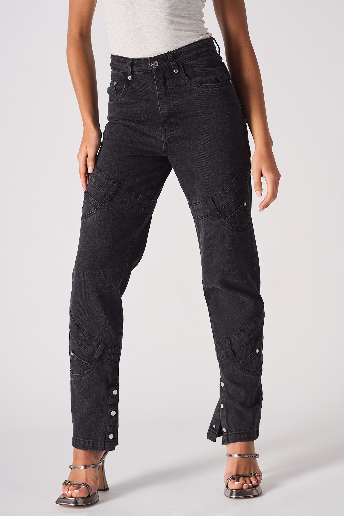 Jmojo high waisted black straight leg jeans front close up leg panel detailing