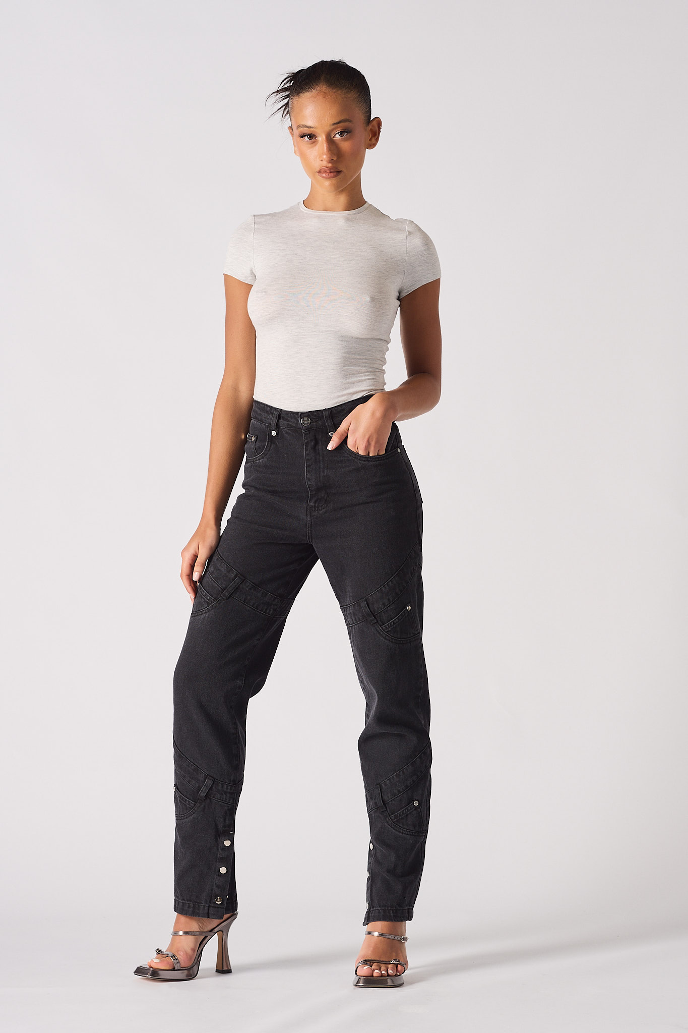 Jmojo high waisted black straight leg jeans front full length view