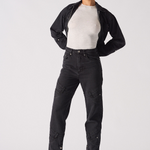 Jmojo high waisted black straight leg jeans full length view with matching denim jacket