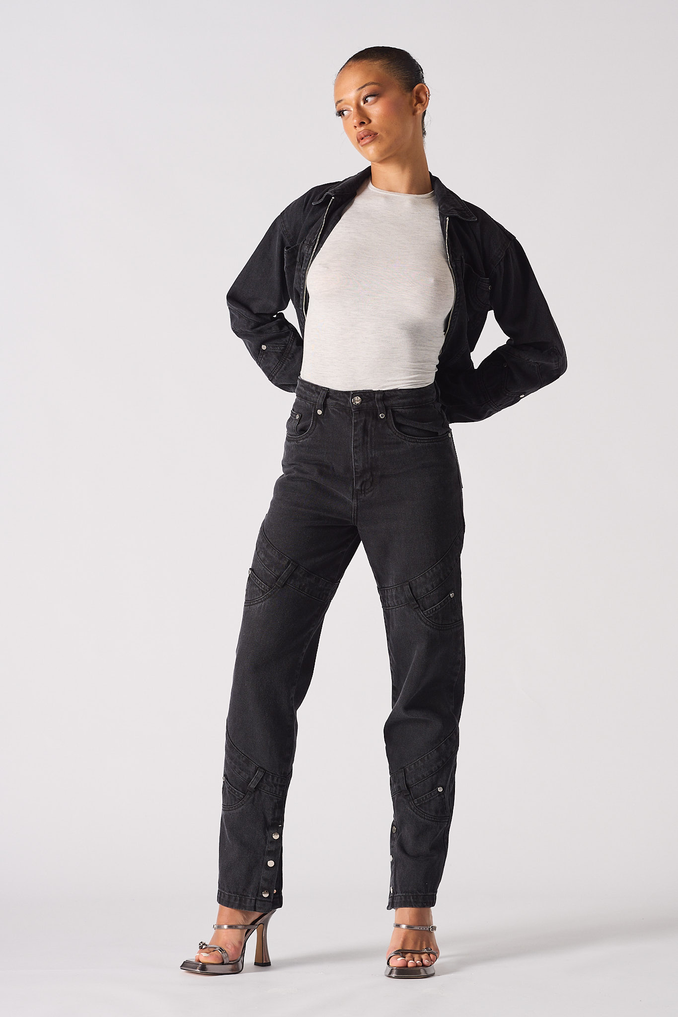 Jmojo high waisted black straight leg jeans full length view with matching denim jacket