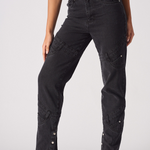 Jmojo high waisted black straight leg jeans side close up view with curved panel detailing