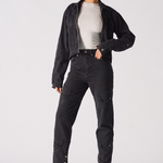 Jmojo high waisted black straight leg jeans styled with open denim jacket full 