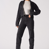 Jmojo high waisted black straight leg jeans styled with open denim jacket full 