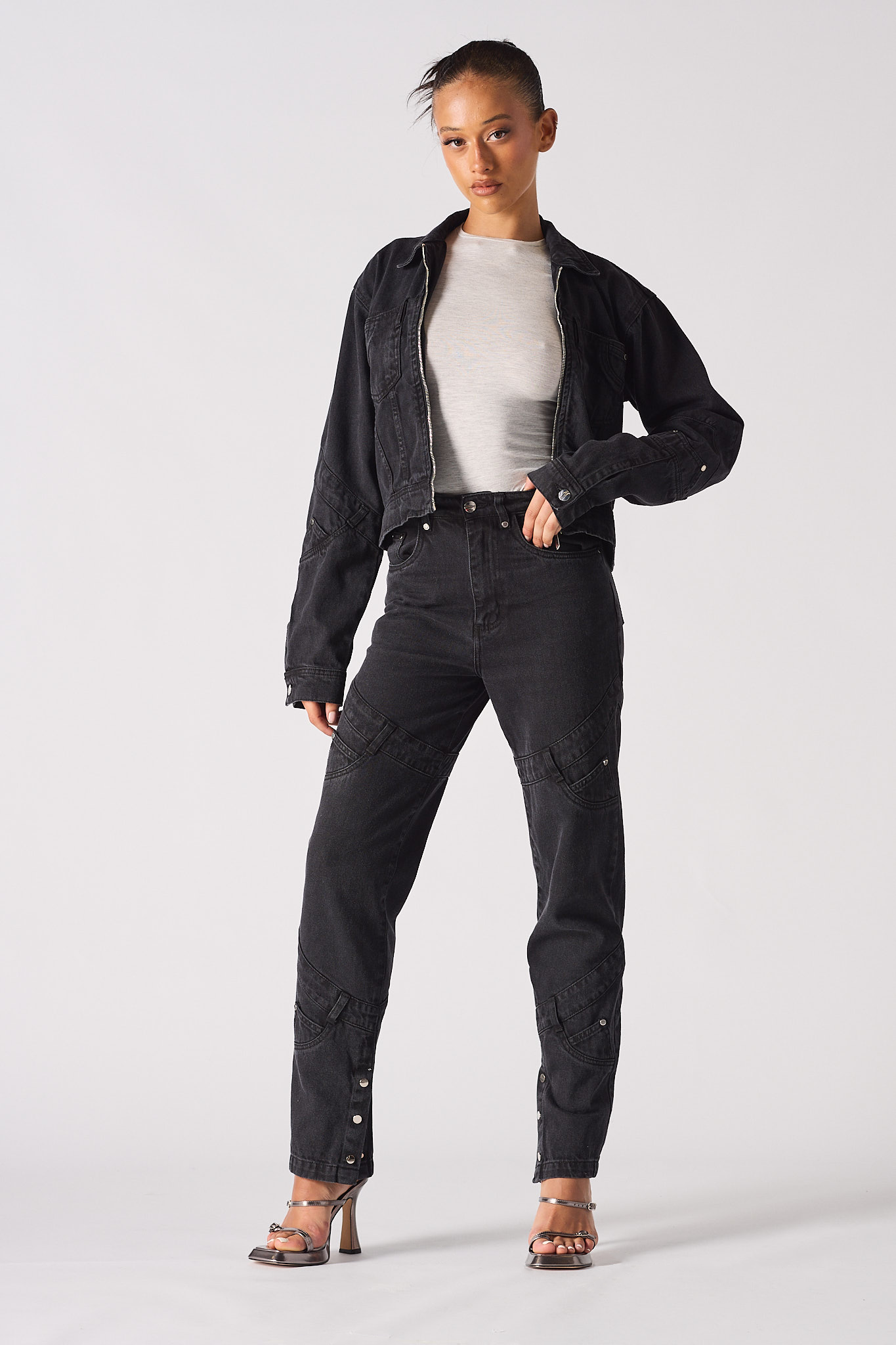 Jmojo high waisted black straight leg jeans styled with open denim jacket full 