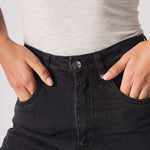 Jmojo high waisted black straight leg jeans waistband and coin pocket close up