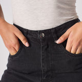 Jmojo high waisted black straight leg jeans waistband and coin pocket close up