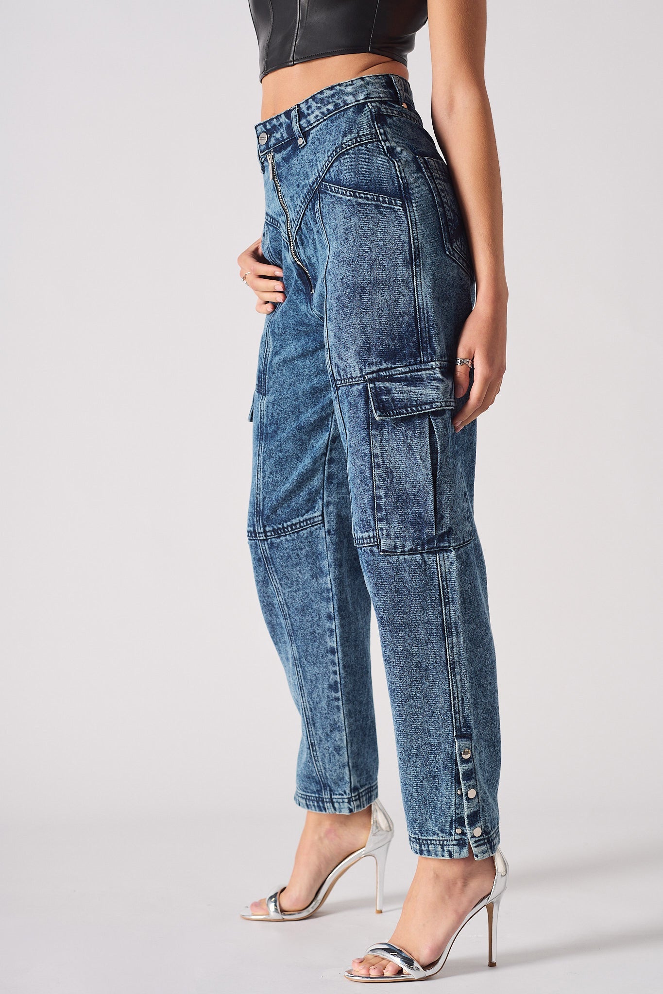 Jmojo high waisted denim cargo jeans angled view