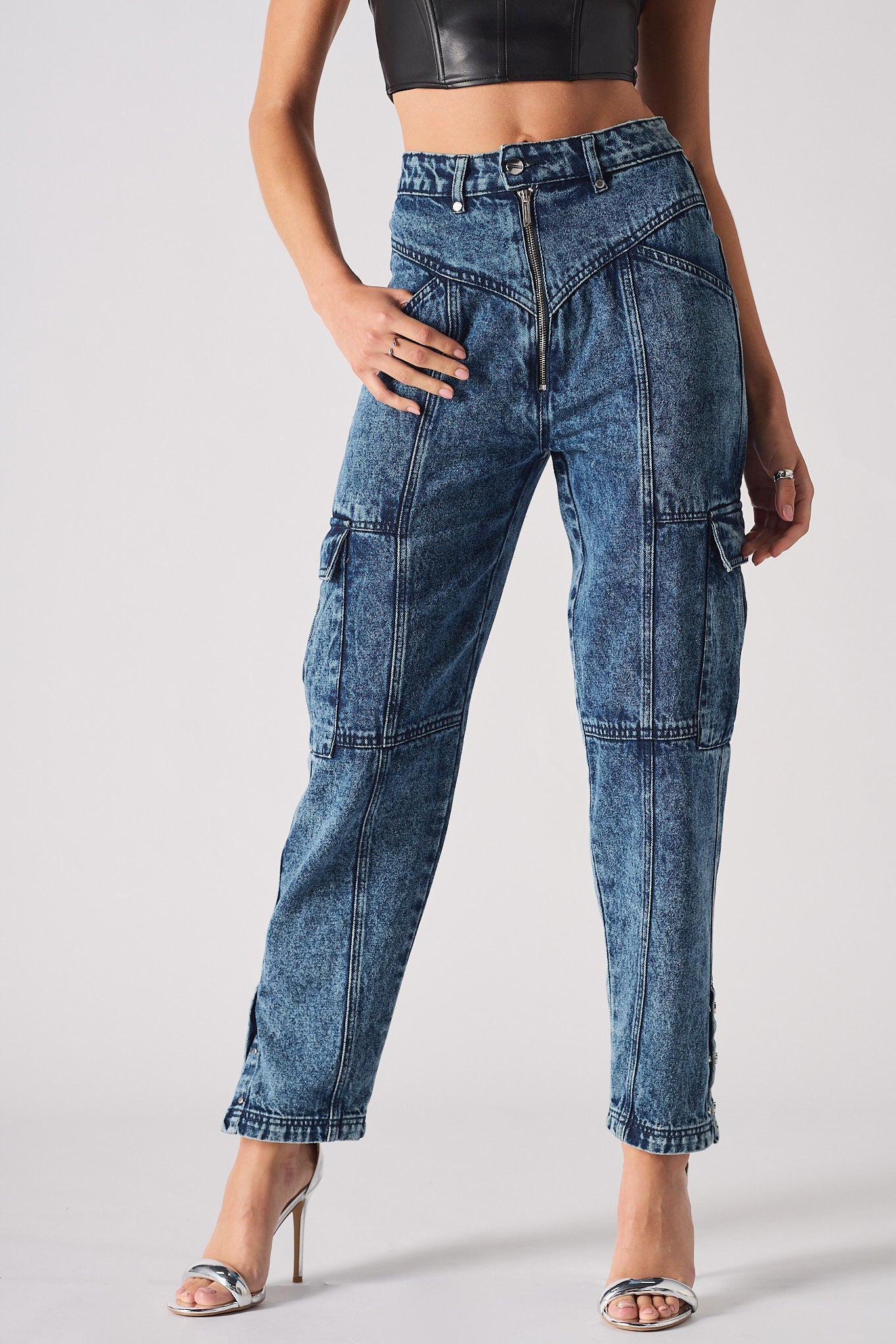 Jmojo high waisted denim cargo jeans front view