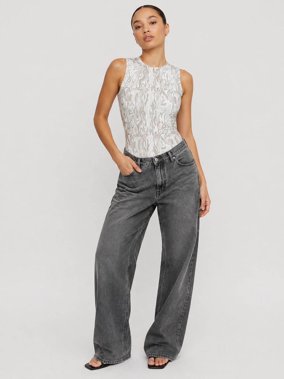 Jmojo light grey printed front zip bodysuit full body