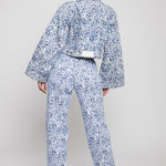 Jmojo marble print cropped denim jacket back view full outfit on model