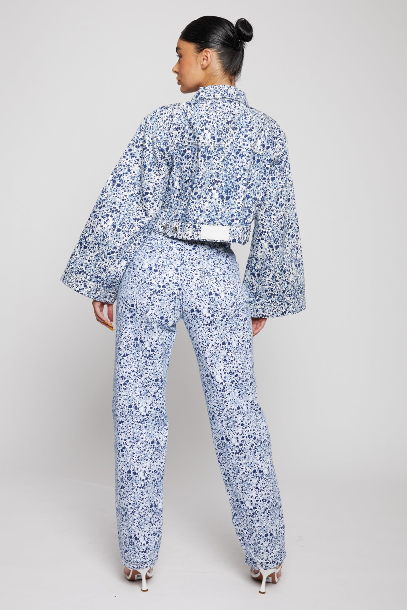 Jmojo marble print cropped denim jacket back view full outfit on model
