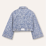 Jmojo marble print cropped denim jacket flatlay back view with vegan leather patch
