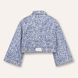 Jmojo marble print cropped denim jacket flatlay back view with vegan leather patch