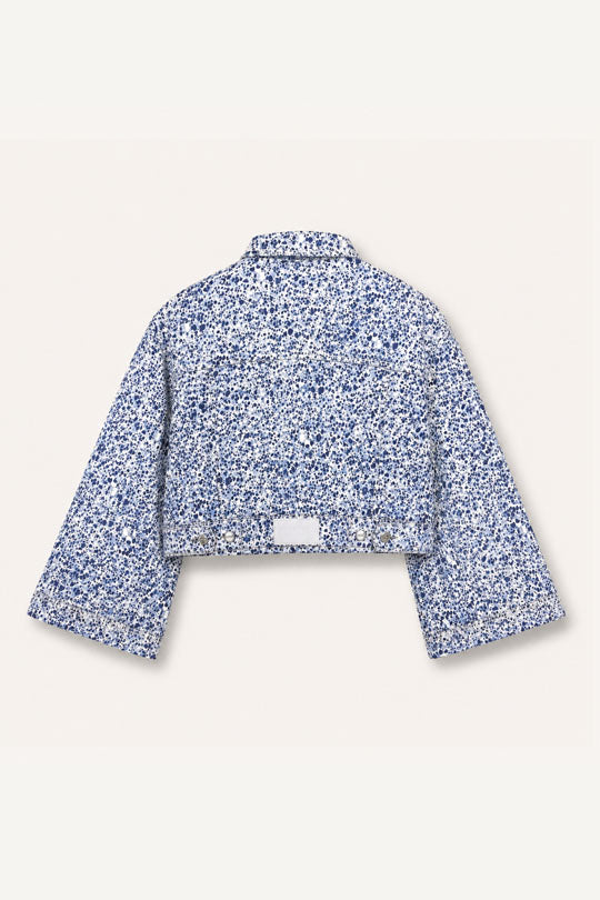 Jmojo marble print cropped denim jacket flatlay back view with vegan leather patch