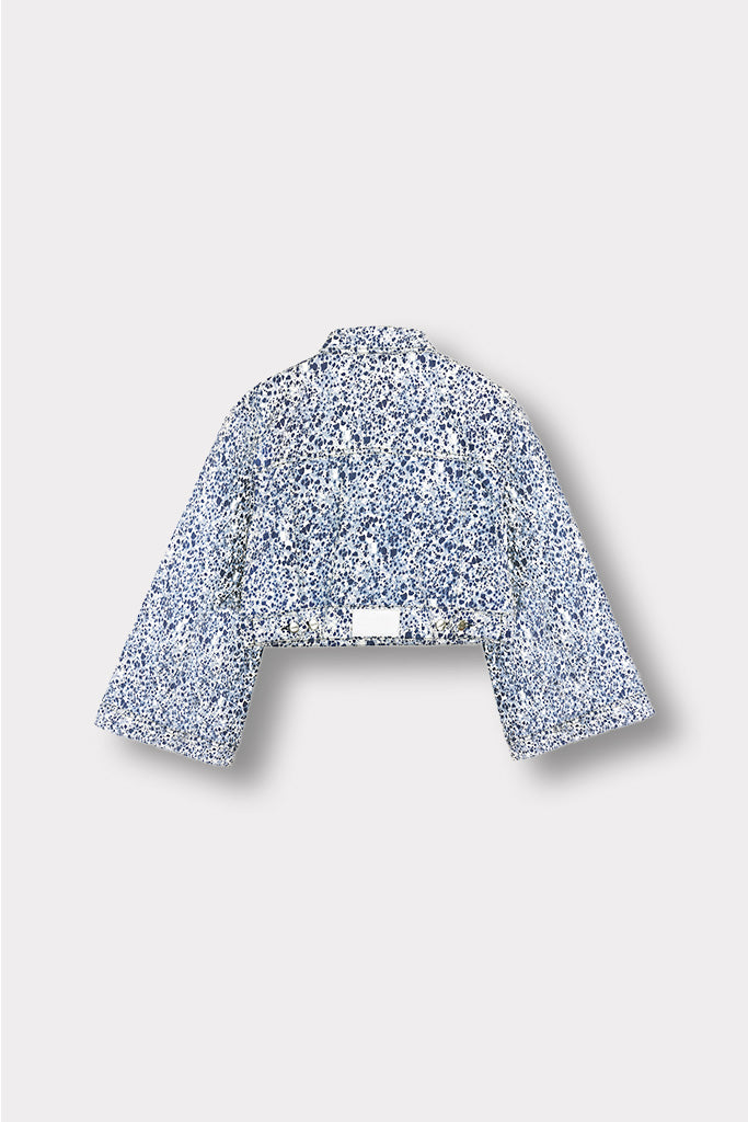Jmojo marble print cropped denim jacket flatlay back view with vegan leather patch