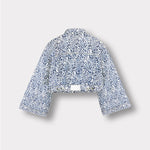 Jmojo marble print cropped denim jacket flatlay back view with vegan leather patch