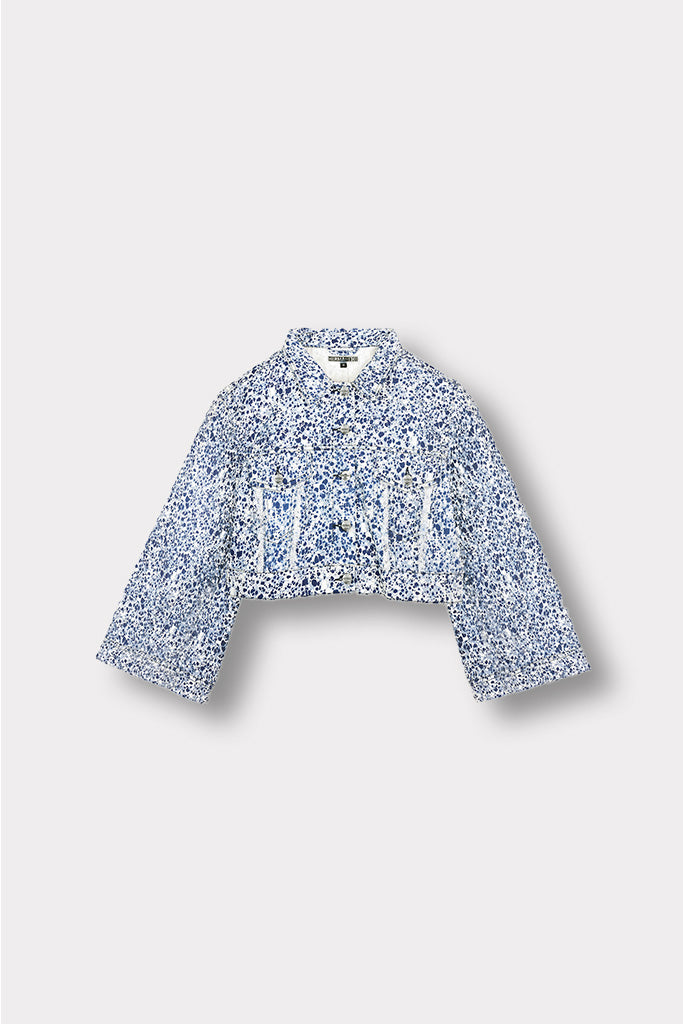 Jmojo marble print cropped denim jacket flatlay front view