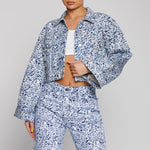 Jmojo marble print cropped denim jacket front close up view with matching jeans