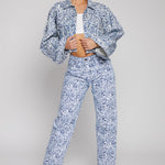 Jmojo marble print cropped denim jacket full front view with matching jeans coord 