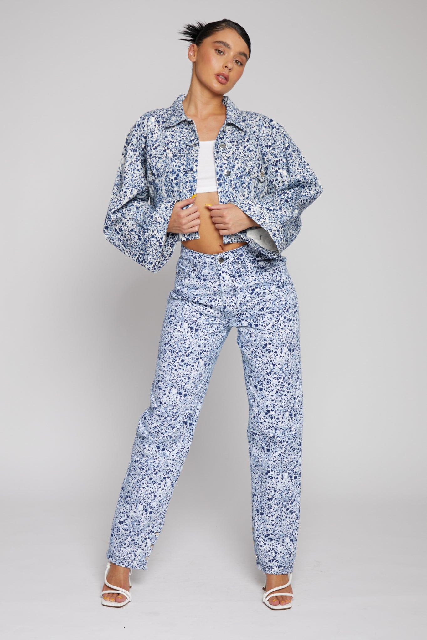 Jmojo marble print cropped denim jacket full front view with matching jeans coord 
