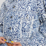 Jmojo marble print cropped denim jacket close up chest pocket and distressed