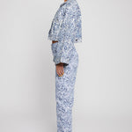 Jmojo marble print cropped denim jacket side profile view showing wide sleeves