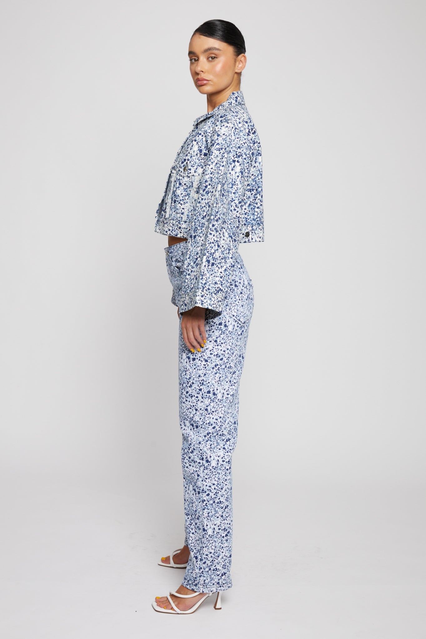 Jmojo marble print cropped denim jacket side profile view showing wide sleeves
