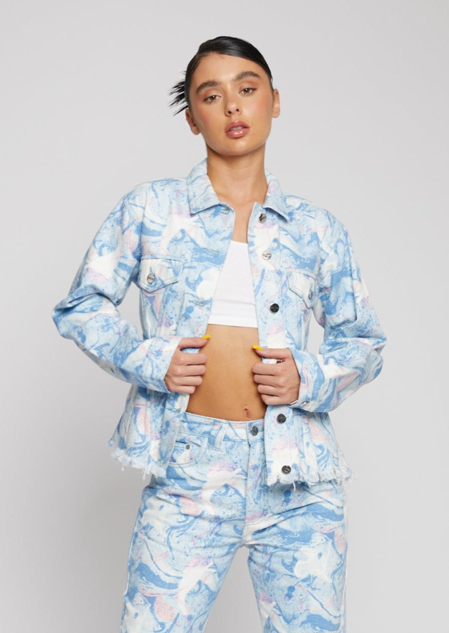 Jmojo marble print denim jacket women blue front open styled view