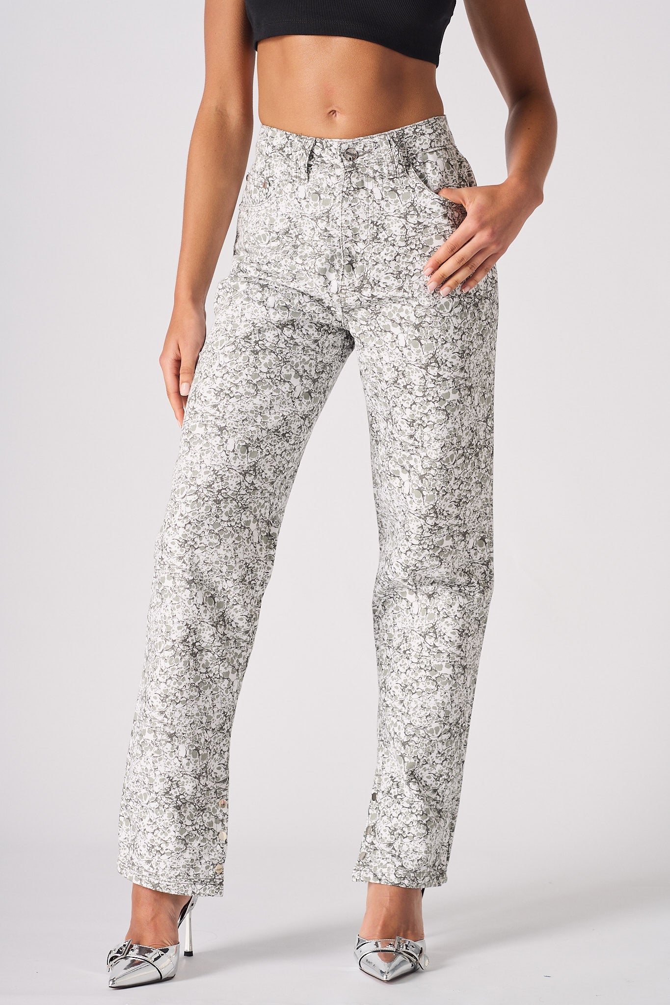 Jmojo marble print straight leg jeans grey front close up view