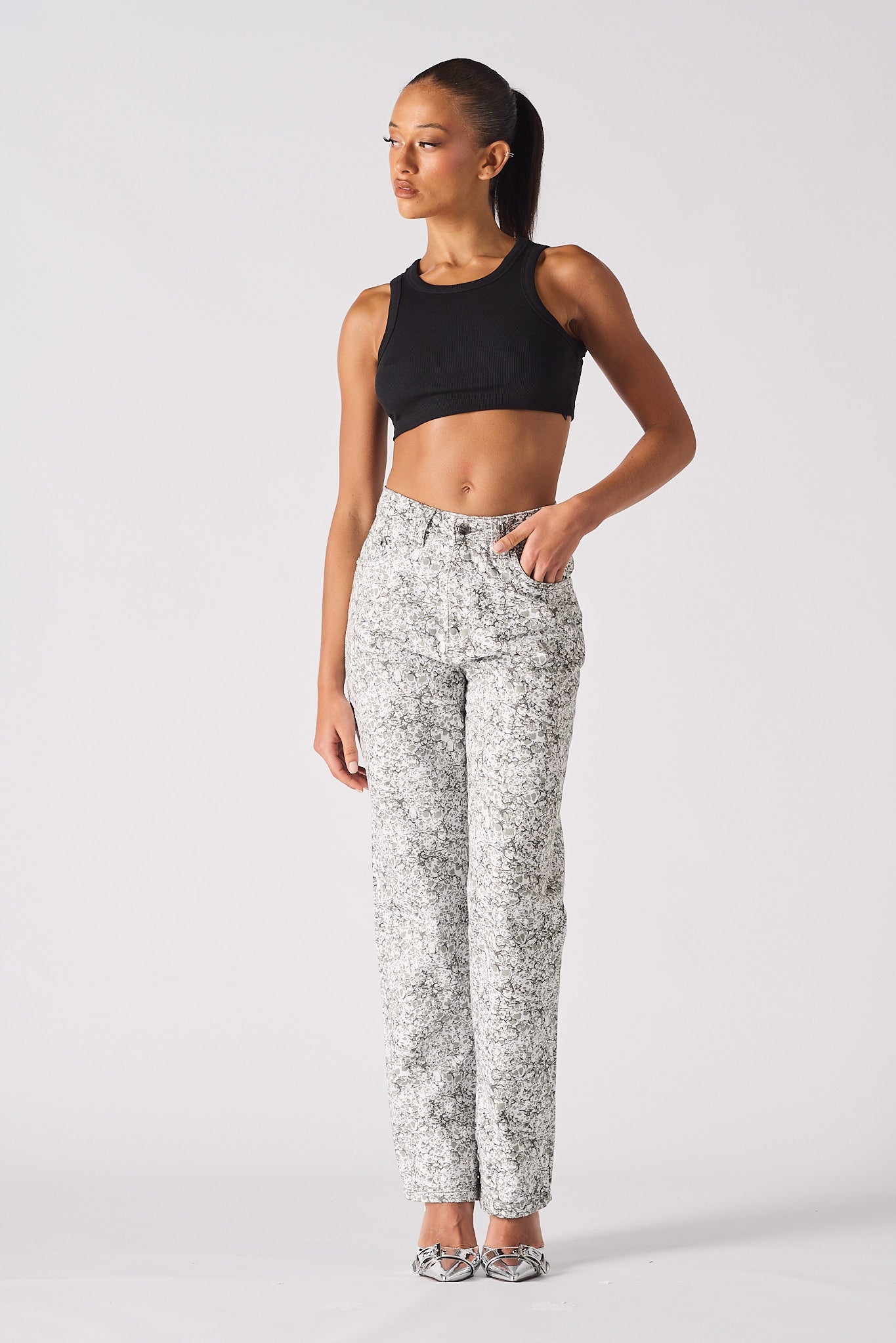 Jmojo marble print straight leg jeans grey full front view on model