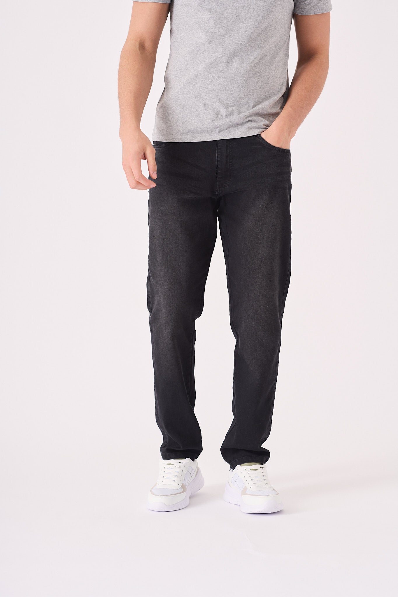 JMOJO men's straight leg black denim jeans back view showing five-pocket design