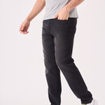 JMOJO premium collection label detail on men's washed black straight leg jeans