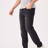 JMOJO premium collection label detail on men's washed black straight leg jeans