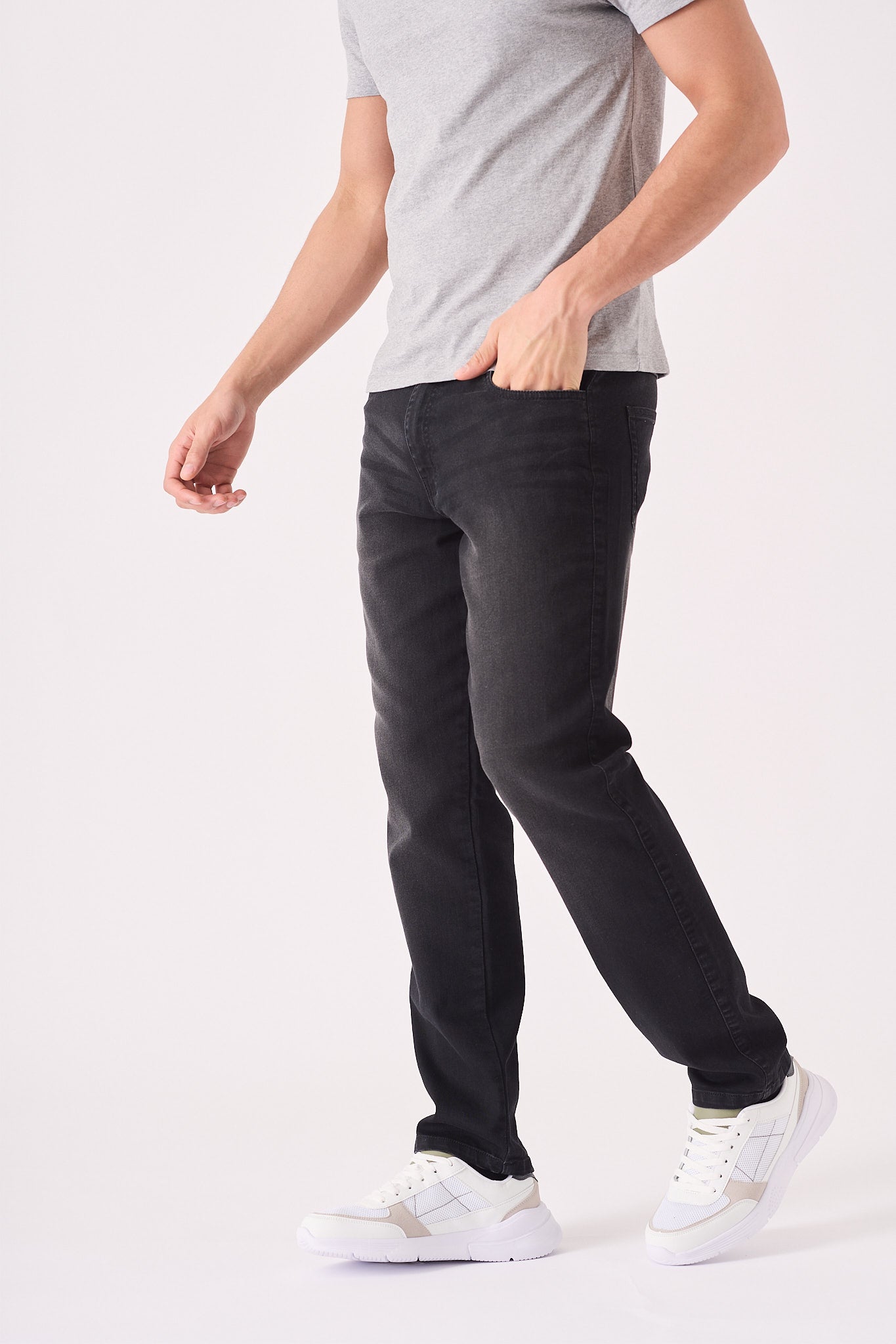JMOJO premium collection label detail on men's washed black straight leg jeans